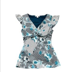 Dress Barn - Short Sleeved, Tie-Back, Blue Floral Blouse w/ Liner - Size: Medium